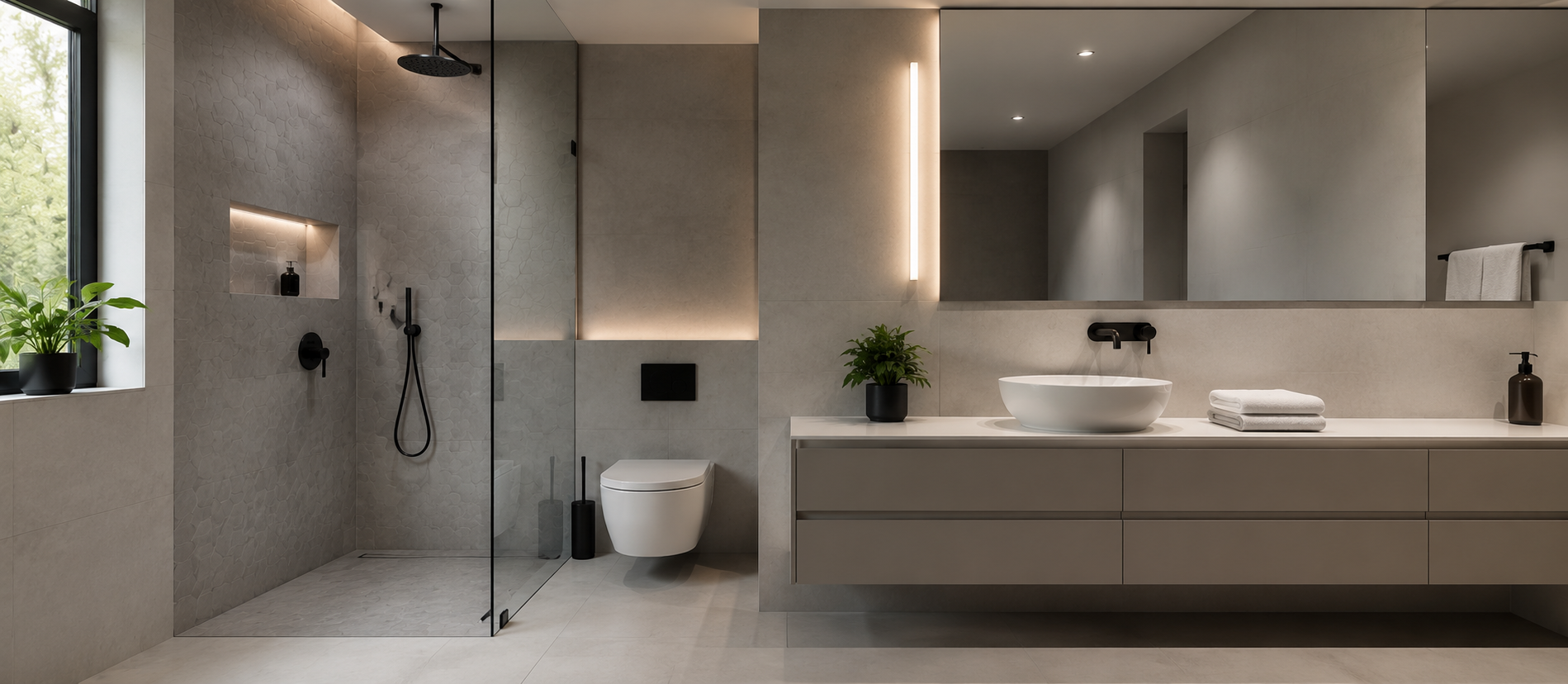 Modern remodeled bathroom with walk-in glass shower and floating vanity
