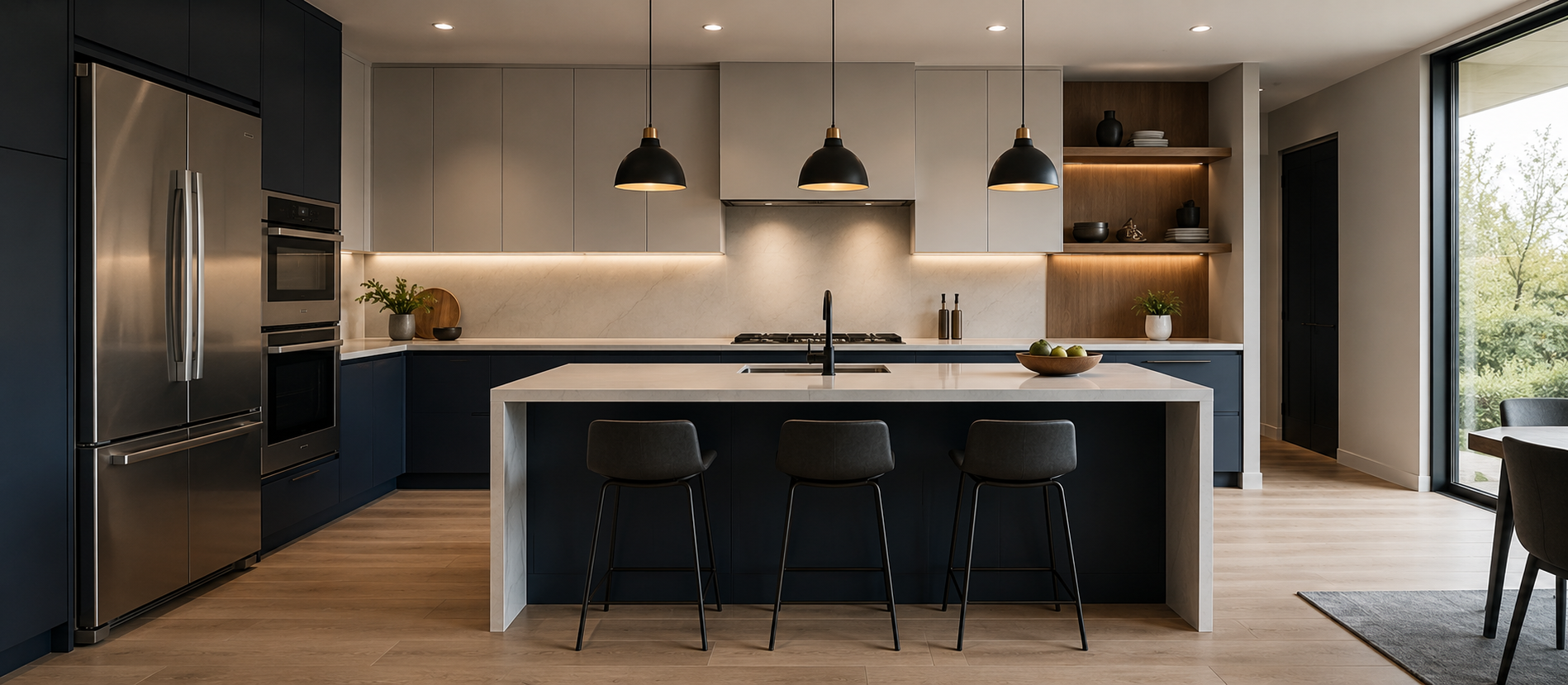 Modern remodeled kitchen with dark cabinetry, pendant lighting, and a large island
