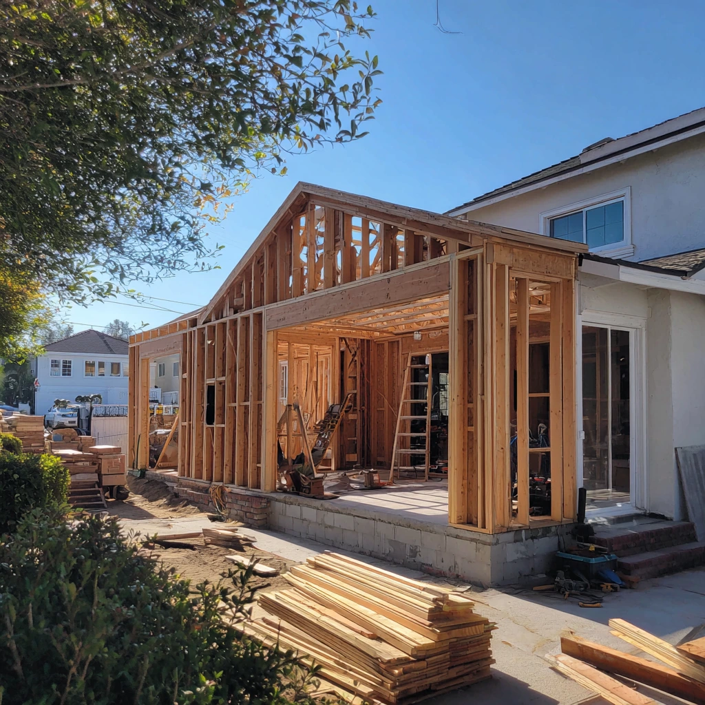 Room addition under construction with new wood framing attached to an existing home