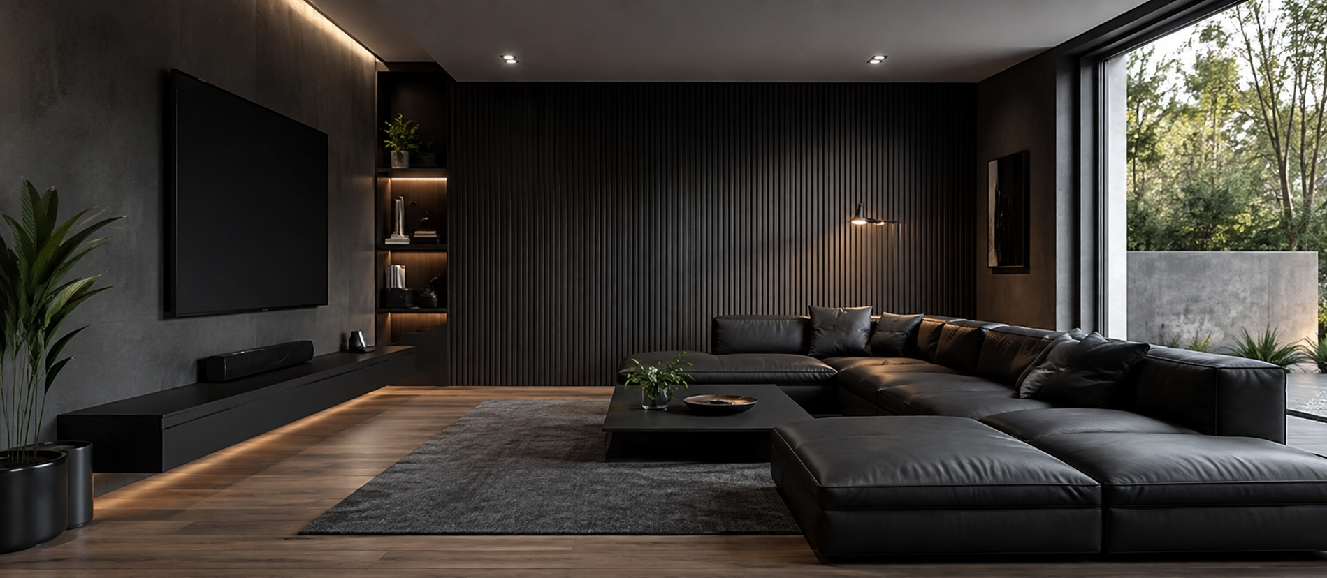 Custom media room with built-in shelving and a large sectional sofa